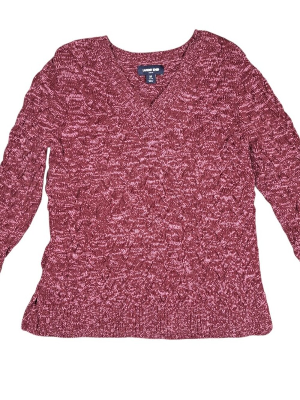 Lands End Womens Drifter Sweater Cable Knit M Pink Marled V-Neck Preppy Cotton